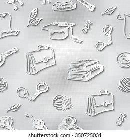 Set of justice or law symbols on brown background. Paper-cut sketch. Ep-10 vector illustration.