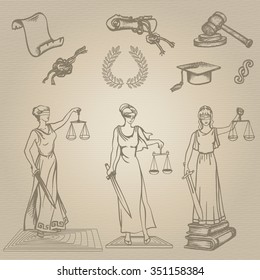 Set of justice or law symbols on brown background. Sketch. Eps-8 vector illustration.