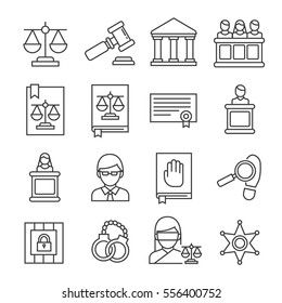 Set of justice Related Vector Line Icons. Includes such Icons as justice scales, justice hammer, law book, judge, lawyer, handcuffs