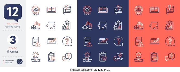 Set of Justice scales, Instruction manual and Puzzle line icons. Include Report, Winner podium, Education icons. Checklist, Court jury, Lightning bolt web elements. Question mark. Vector