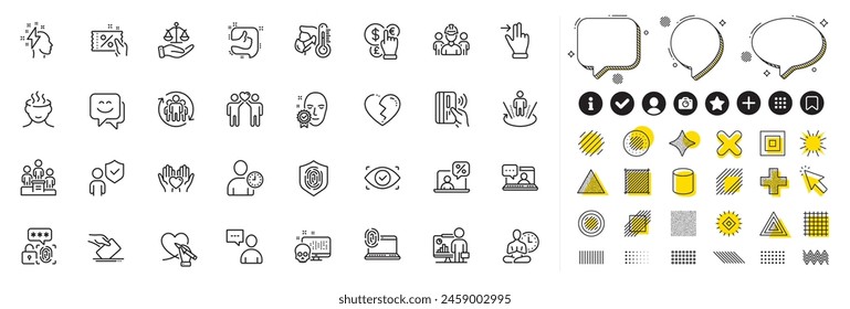 Set of Justice scales, Teamwork and Yoga line icons for web app. Design elements, Social media icons. Like, Online tax, Users chat icons. Touchscreen gesture, Stress, Biometric eye signs. Vector