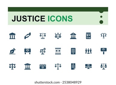 Set of Justice solid icons. Contains such icons as book, right, trial, case, document, judge and more. Minimalist flat filled icon.