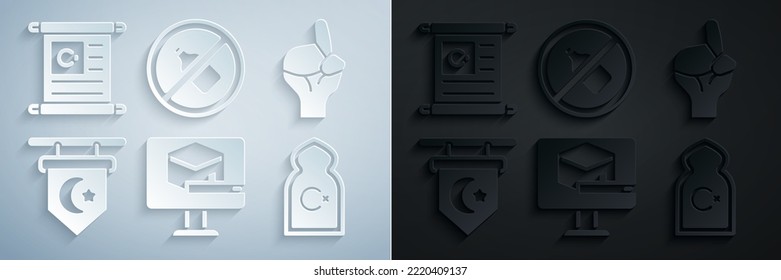 Set Kaaba mosque, Hands in praying position, Star crescent, Muslim Mosque, No alcohol and Holy book of Koran icon. Vector