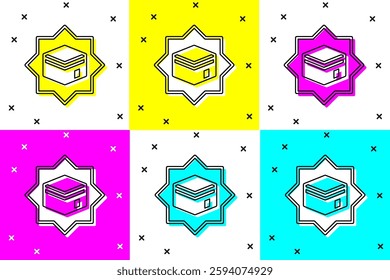 Set Kaaba mosque icon isolated on color background. Kaaba hajj Mecca pray pilgrimage Ramadan Islam muslim mosque.  Vector