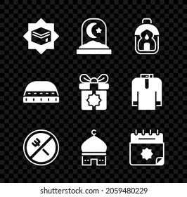 Set Kaaba mosque, Muslim cemetery, Ramadan Kareem lantern, fasting, Mosque, calendar, hat for prayer and Gift box icon. Vector