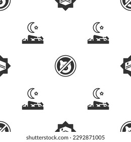 Set Kaaba mosque, No pig and Muslim man prays on seamless pattern. Vector