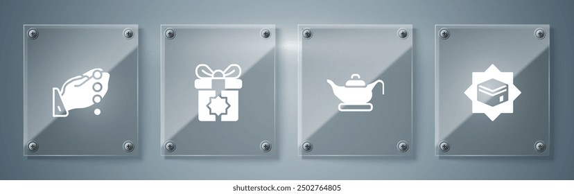 Set Kaaba mosque, Oil lamp, Gift box and Hands in praying position. Square glass panels. Vector