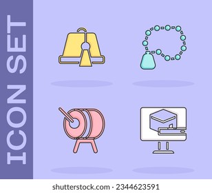 Set Kaaba mosque, Turkish hat, Ramadan drum and Rosary beads religion icon. Vector