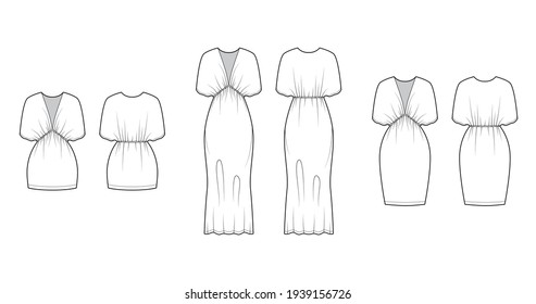 Set of Kaftan dresses technical fashion illustration with deep V-neck, batwing sleeves, oversized, knee mini midi length, pencil cut. Flat apparel front, back white, color style. Women, men CAD mockup