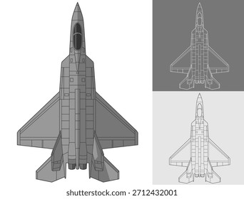 Conjunto KAI KF 21 Boramae diseño de aviones militares en diseño plano, lineal y estilo de color desde la vista superior. Ilustraciones vectoriales coloridas cuarta generación de aviones de combate. Avión de guerra de 4,5 generaciones de Corea del Sur.