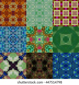 Set of kaleidoscopic low poly circle style vector mosaic backgrounds