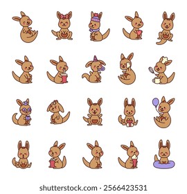 Set of kangaroo cute kawaii cartoon characters with various emotions funny actions adorable items funny poses for joyful creative illustration and design ideas