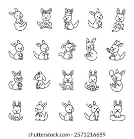 Set of kangaroo cute kawaii cartoon characters with various emotions funny actions adorable items funny poses for joyful creative illustration and design ideas