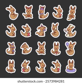 Set of kangaroo cute kawaii cartoon characters with various emotions funny actions adorable items funny poses for joyful creative illustration and design ideas