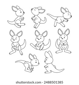 Set of kangaroo doodle collection, kangaroo outline coloring page book animals for kindergarten, vector line art set of animals wildlife, Hand drawn, Minimal kangaroo line art doodle in different pose