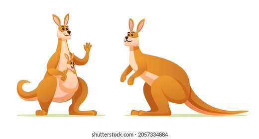 Set of kangaroo family with baby joey cartoon illustration