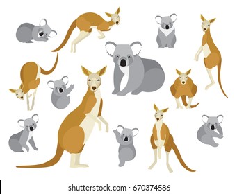 Set of kangaroo and koala in modern flat style. Animal character design isolate background.  