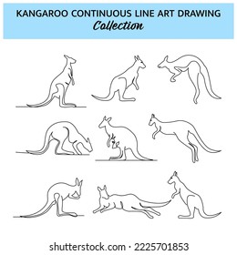 Set von kangaroo Linie Design. Einfache, mit einer durchgehenden Linie gezeichnete, schlichte Silhouette-Dekorationselemente. Vektorgrafik von minimalistischem Stil auf weißem Hintergrund.