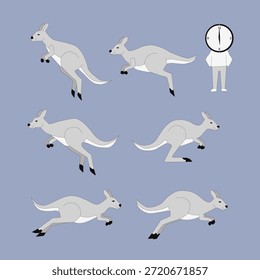 Set of kangaroo poses showing motion sequence in flat vector style with minimal human icon.