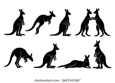 Set of Kangaroo Silhouettes Macropus fuliginosus in Various Poses