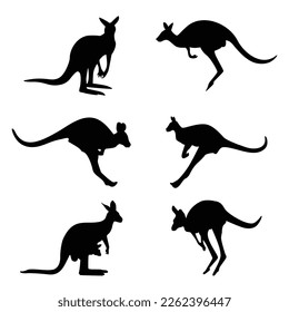 Set of kangaroo silhouettes in various poses. Vector iIlustration isolated on the white background