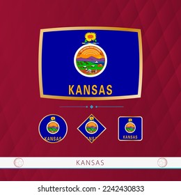 Set of Kansas flags with gold frame for use at sporting events on a burgundy abstract background. Vector collection of flags.