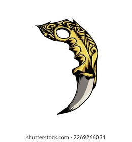 set of karambit knife logo, icon, isolated on white backgorund. weapon, claw, melee, melee weapon, karambit, dagger, knife, blade, sharp, scythe, white, black, gold, yellow, vector illustration.