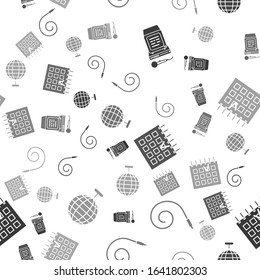 Set Karaoke , Birthday party horn , Detailed calendar  and Disco ball  on seamless pattern. Vector