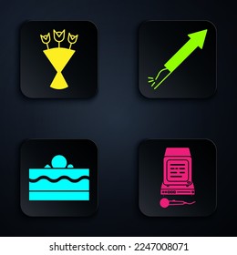 Set Karaoke , Bouquet of flowers , Cake  and Firework rocket . Black square button. Vector