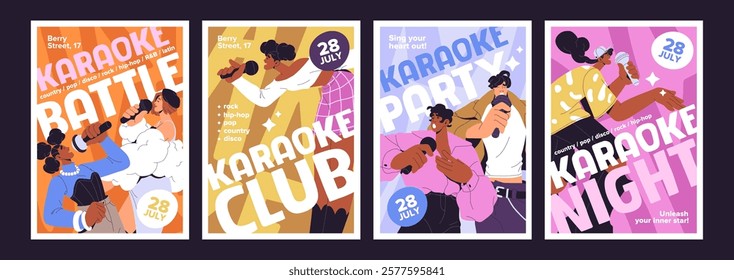 Set of karaoke club event poster designs. Templates of singers' performance with microphones advertising. Promotion layouts with happy people singing pop songs with mic. Flat vector illustrations