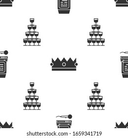 Set Karaoke , Crown  and Wine glasses stacked in a pyramid tower  on seamless pattern. Vector