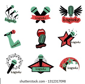 Set of karaoke emblems colored green, red and black isolated on white background