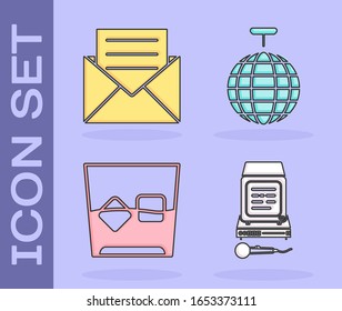 Set Karaoke , Envelope with invitation card , Glass of whiskey and ice cubes  and Disco ball  icon. Vector