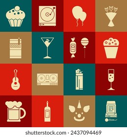 Set Karaoke, Glass of champagne, Popcorn in cardboard box, Balloons with ribbon, Martini glass, Open cigarettes pack, Muffin and Lollipop icon. Vector