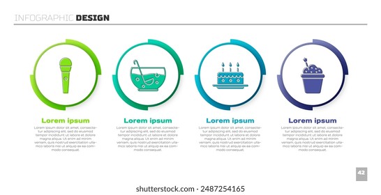 Set Karaoke microphone, Mixed punch in bowl, Cake with burning candles and Cake. Business infographic template. Vector