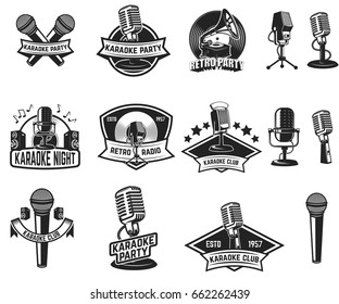 Set of karaoke party labels. Vintage microphone, gramophone. Design elements for label, emblem, sign. Vector illustration