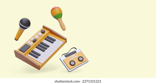 Está listo para el karaoke. Sintetizador realista, micrófono, maracas, cinta con grabación. Preparación para la competencia de canto, ensayo. Grabación de sonido. Plantilla de vector de color