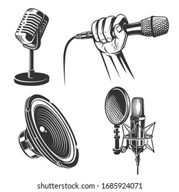 Set of karaoke singing freehand icons - retro microphone, podcast, hand with mic, singer, speaker.