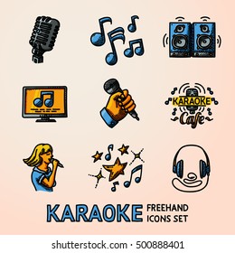 Set of karaoke singing freehand icons - microphone, notes, loudspeakers, tv-screen, hand with mic, karaoke cafe sign, singer, headphones. Vector