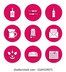 Set Karaoke, Sofa, Detailed calendar, Envelope with invitation card, Clown head, Wooden beer mug, Bottle wine and Whiskey bottle icon. Vector
