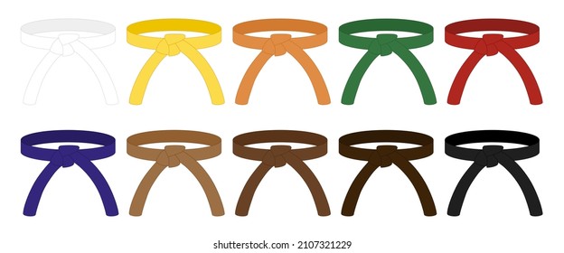 Set karate belt isolated on white background. Design icon of Japanese martial art in flat style. Rank system in different colors. Vector illustration.