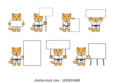 Set of karate cat mascots posing with various blank banners. Vector illustration bundle