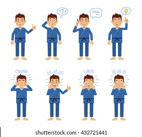 Set of karate characters posing in different situations. Cheerful martial artist talking on phone, thinking, pointing up, laughing, crying, surprised. Flat style vector illustration