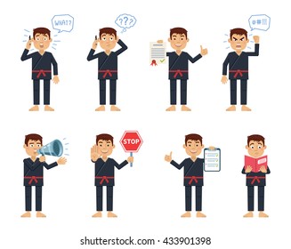 Set of karate characters posing in different situations. Cheerful martial artist talking on phone, thinking, surprised, angry, holding stop sign, loudspeaker, clipboard. Flat style vector illustration