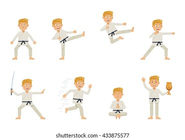 Set of karate characters showing different actions. Cheerful martial artist kicking, running, jumping, hitting, meditating, holding winners cup. Flat style vector illustration