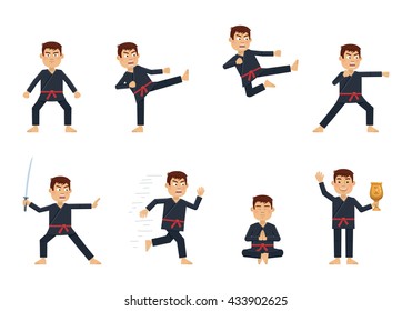 Set of karate characters showing different actions. Cheerful martial artist kicking, running, jumping, hitting, meditating, holding winners cup. Flat style vector illustration