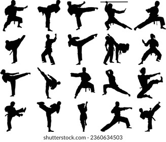 Set of karate fighting silhouettes, isolated on a white background