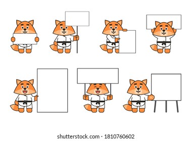 Set of karate fox characters posing with various blank banners. Vector illustration bundle