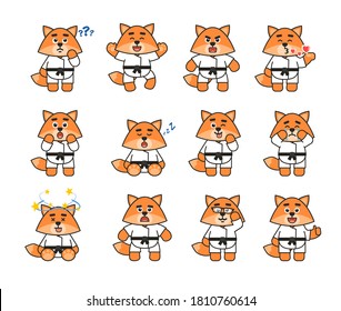 Set of karate fox characters showing various emotions. Cute karate fox mascot thinking, angry, sleeping, sad, crying and showing other emotions. Vector illustration bundle