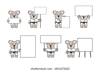 Conjunto de mascotas de karate koala posando con varios carteles en blanco. Conjunto de ilustraciones de vectores